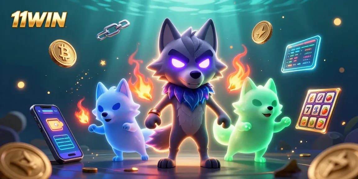 Experience exciting gameplay in a vibrant 11WIN casino scene featuring ghostly wolves and crypto elements.
