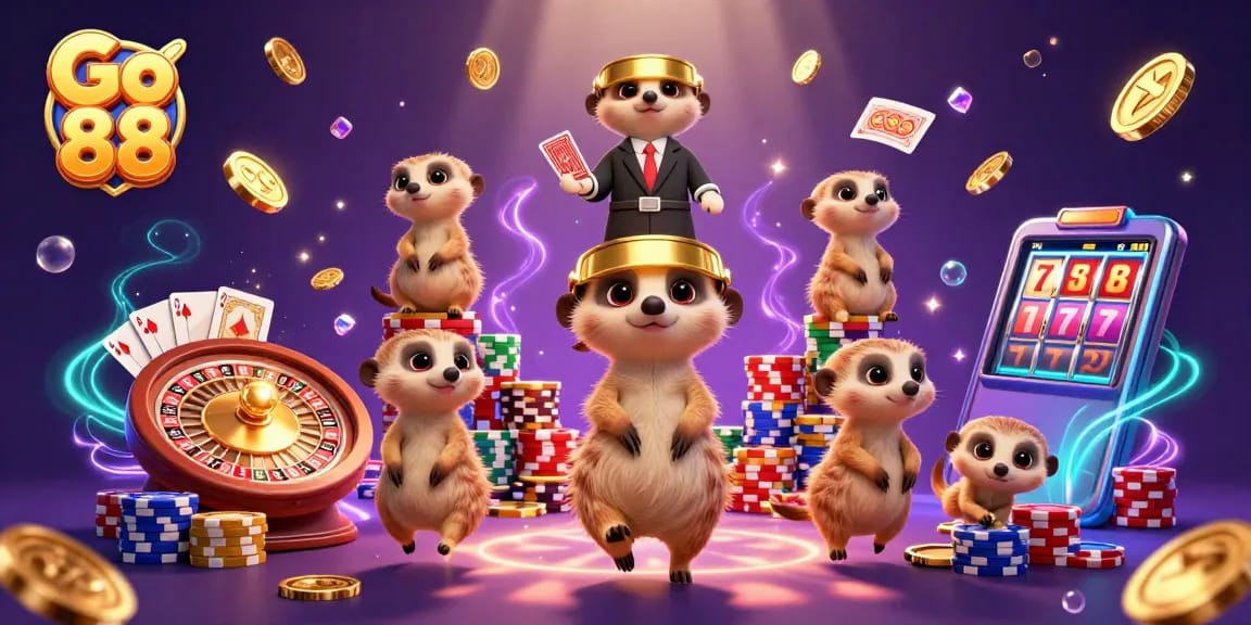 Go 88's meerkat casino crew deals cards and spins the roulette wheel in a vibrant atmosphere.