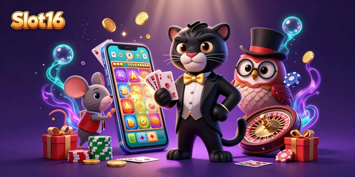 Experience Slot16 with a charismatic panther dealer and vibrant casino elements in a magical scene.