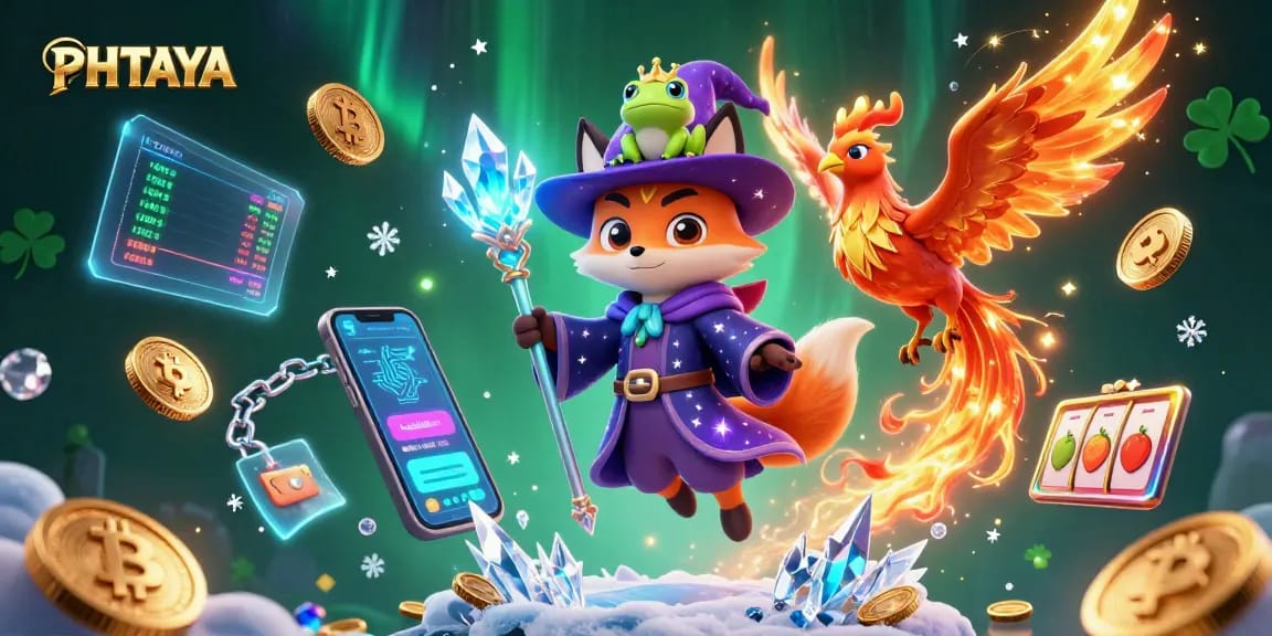 PHTAYA showcases a mystical wizard fox amidst slot machines, crypto coins, and a phoenix, emphasizing winning strategies.