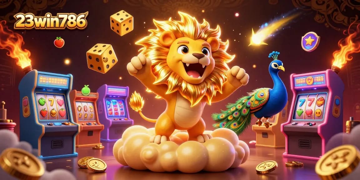 23win786 features a vivid illustration of gambling elements with a roaring lion and casino games.