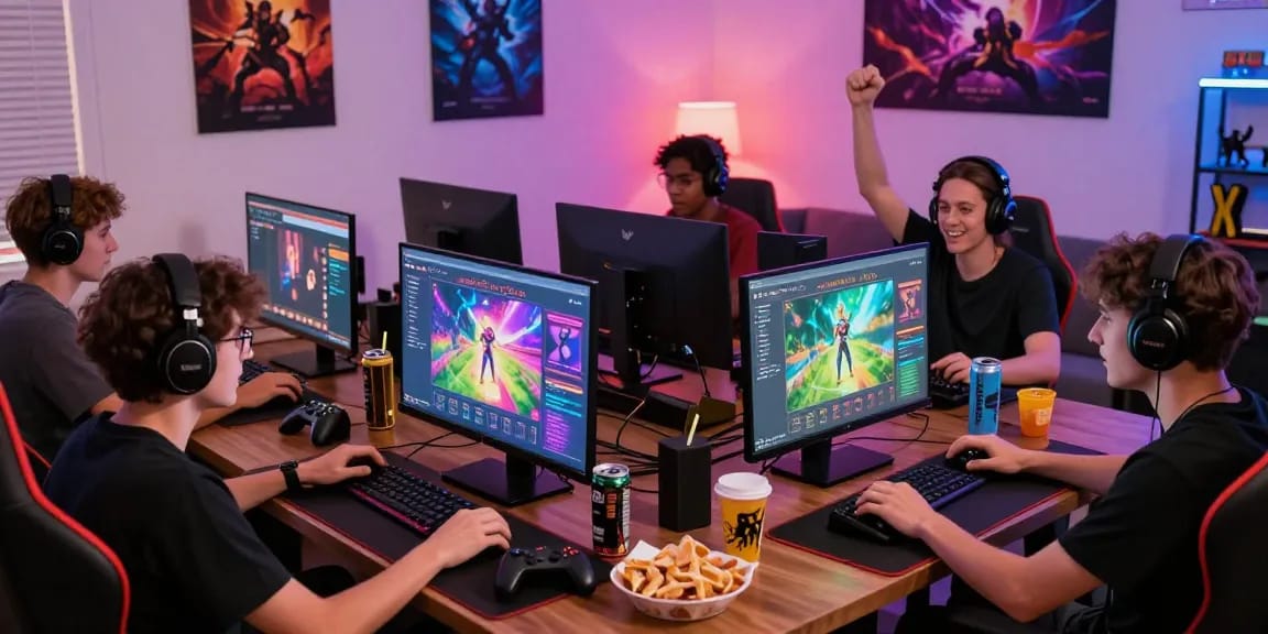 Gamers enjoying 123b nhà cái in a vibrant home gaming environment with colorful visuals and accessories.