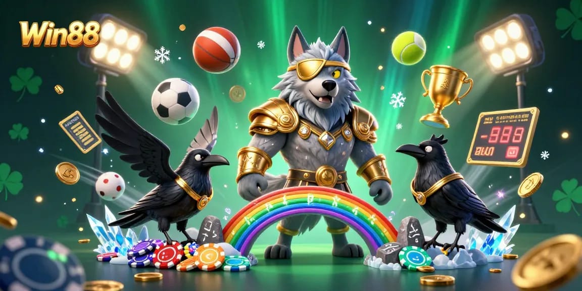 Engage in thrilling gameplay with Win88 featuring Odin and his ravens amidst a vibrant sports theme.