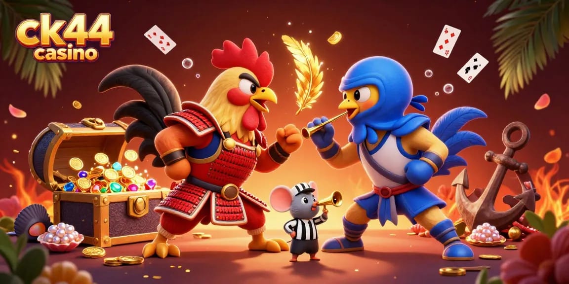 Engage in thrilling gameplay at ck44 casino with fighting roosters, gold coins, and vibrant game elements.