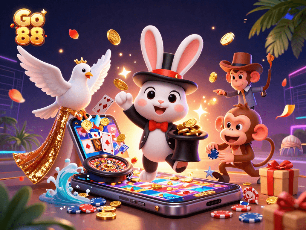 Engage with Go 88's vibrant 3D casino scene featuring a magician rabbit, a dove, and a playful monkey.