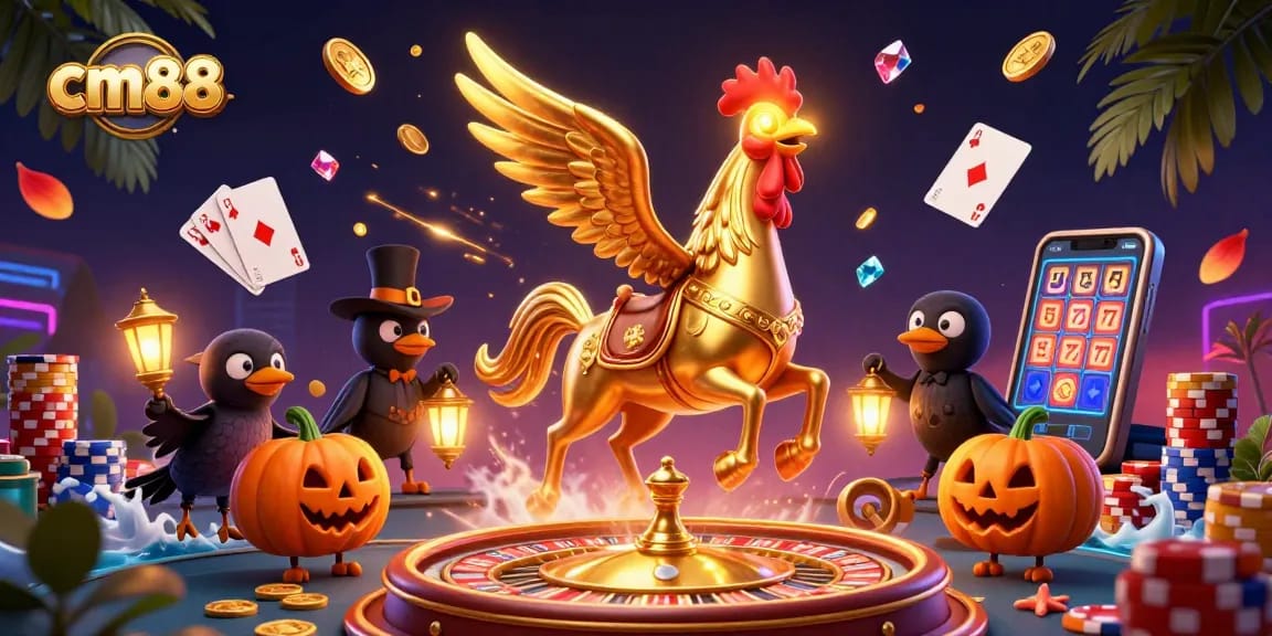 Experience cm88's vibrant casino atmosphere with golden rooster and mystical elements. Join the excitement now!