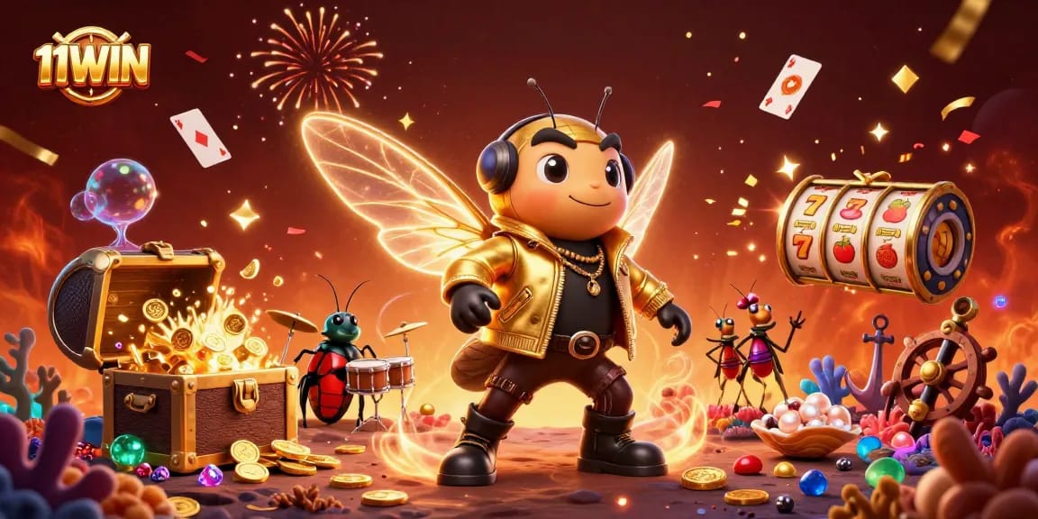 11WIN ignites excitement in a vibrant 3D casino scene filled with slot reels and treasure.