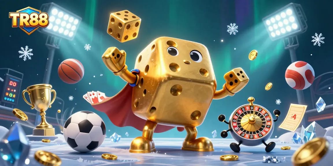 TR88 features a dynamic 3D illustration of a playful golden dice golem with vibrant sports elements surrounding it.