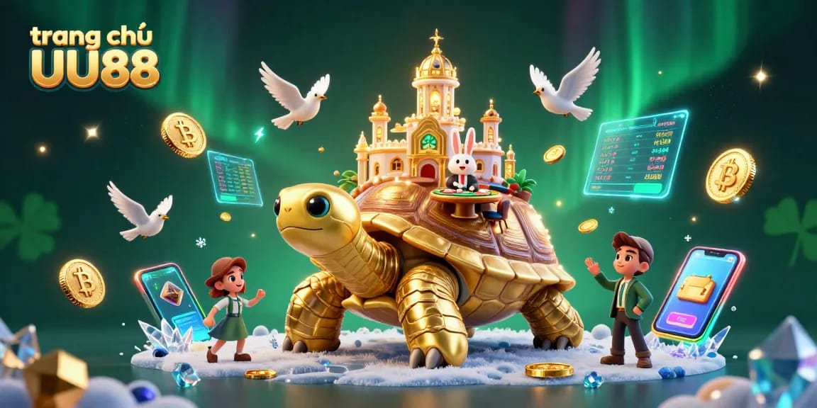 Experience the thrill of gaming with trang chủ UU88 situated atop a golden tortoise amidst flying coins