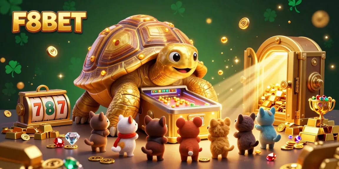 Play unlimited games at F8BET with vibrant casino characters and dynamic golden treasure elements.