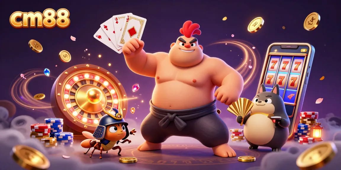 Experience thrilling gameplay at cm88 with a vibrant 3D scene of gamblers and iconic casino elements.