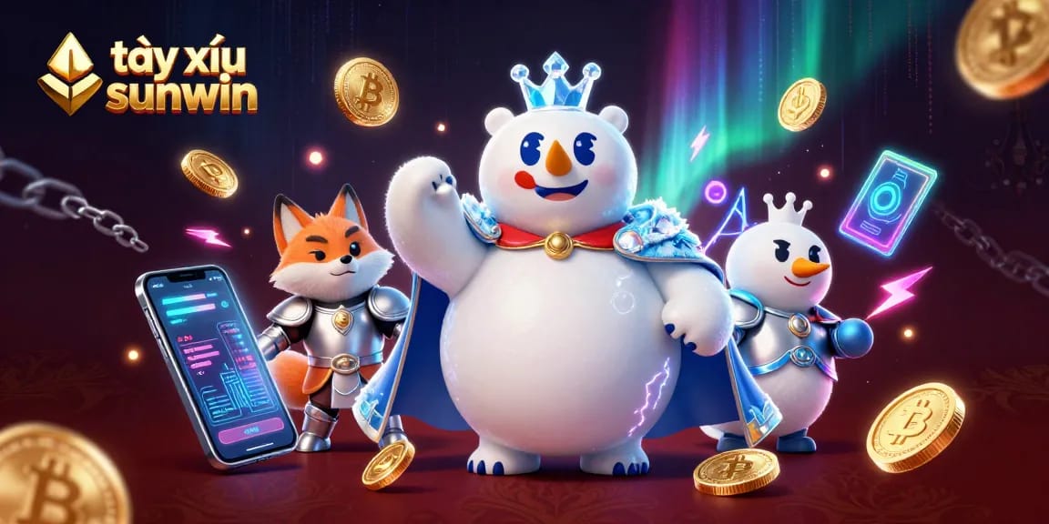 Engage in tài xỉu sunwin gaming with a vibrant 3D illustration of a majestic ice king polar bear and snow fox amidst crypto elements.