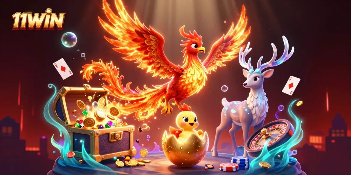 Engage with 11WIN’s dynamic casino action featuring phoenix characters amidst vibrant games.