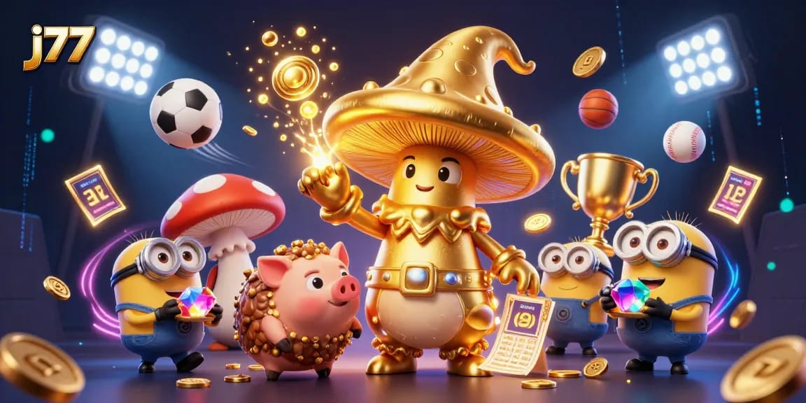 Engage with the j77 gaming scene, where magic turns sports into gold, featuring vibrant 3D characters.