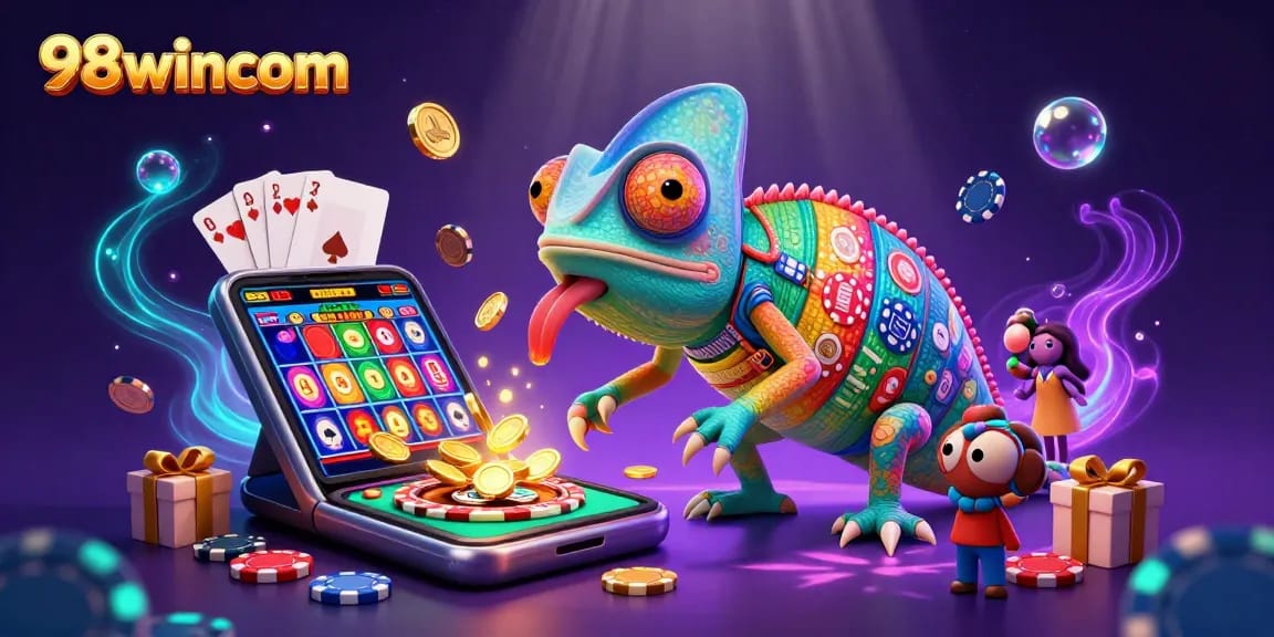 Engage with the lively 98wincom casino scene featuring a chameleon owner surrounded by dynamic slot games.