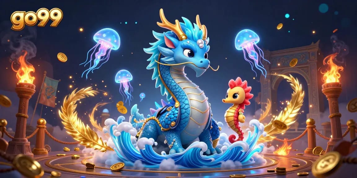 Experience go99's thrilling gaming adventure with a vibrant scene featuring a dragon and seahorse knight.