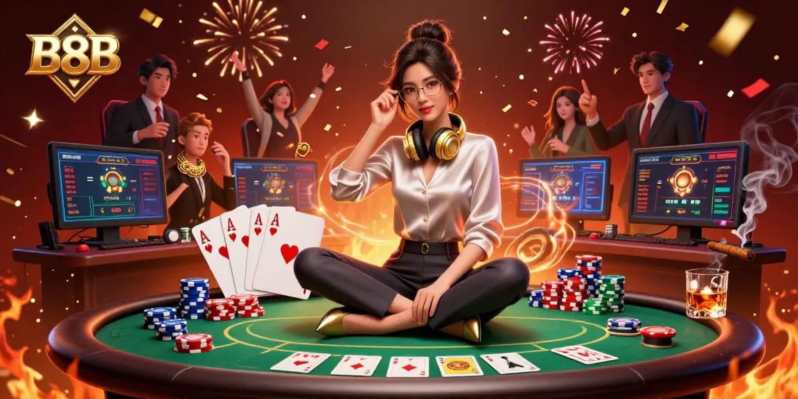 B8B poker game scene featuring a skilled player with high-tech setup and casino elements.