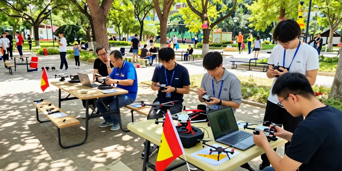 Group of enthusiasts flying the F168 drone at an outdoor workshop, enjoying tech innovations.