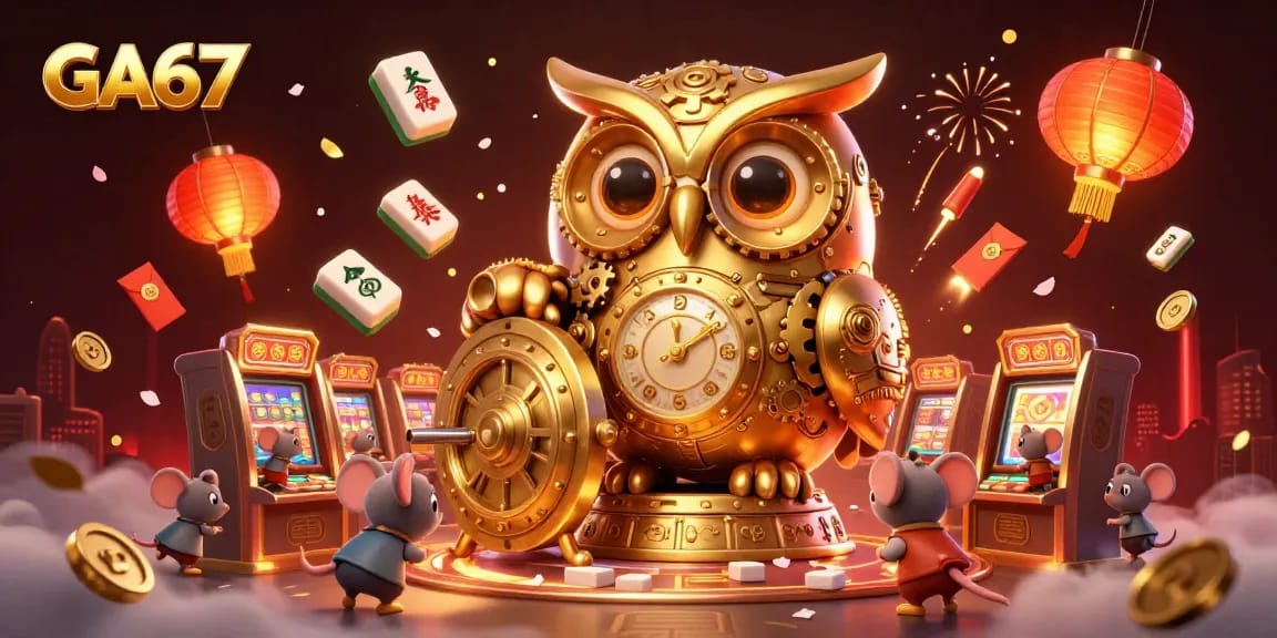 Experience the thrilling GA67 casino with a clockwork owl and vibrant gaming elements.