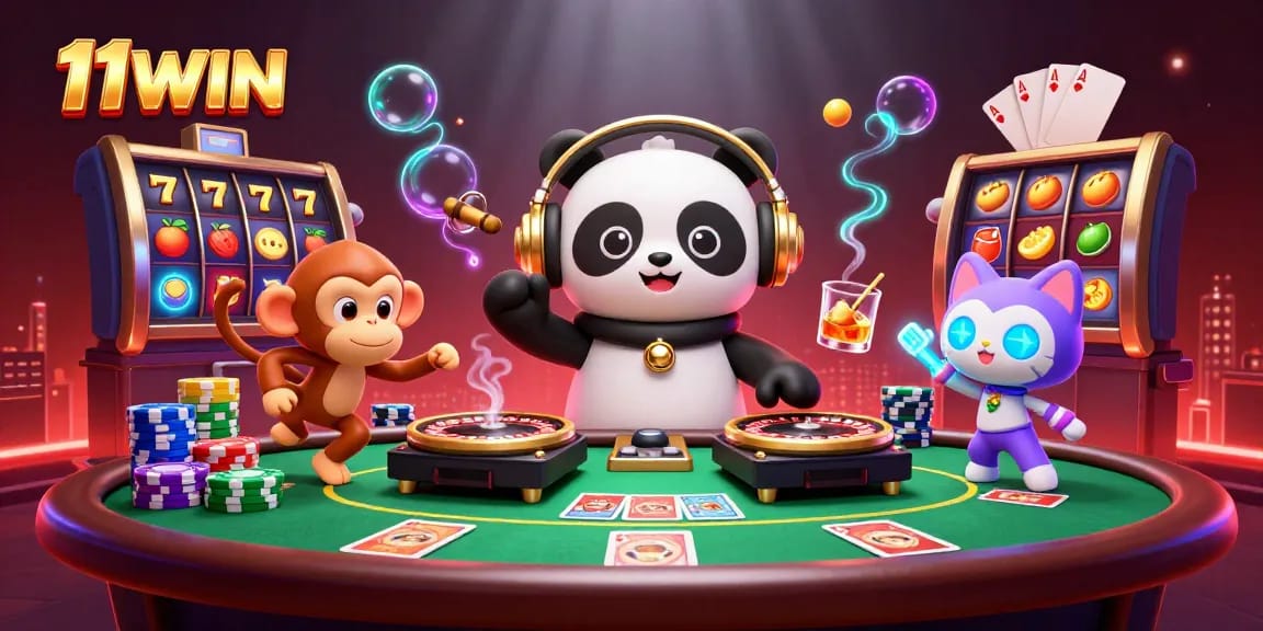 Experience 11WIN's vibrant casino scene with a DJ Panda and colorful game elements.