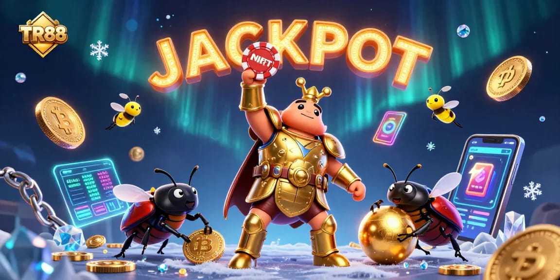 Engage with TR88's vibrant 3D scene showcasing a champion beetle celebrating a slot victory.