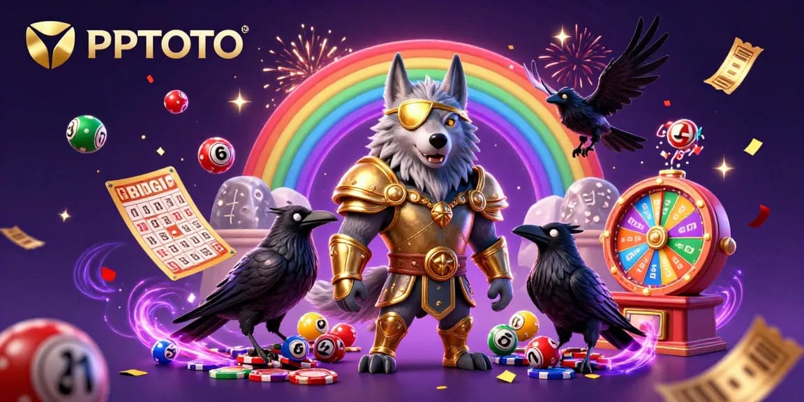 Visual permainan PPTOTO menampilkan kegembiraan elemen lotere dan karakter mitologi Nordik dalam adegan kasino yang cerah.