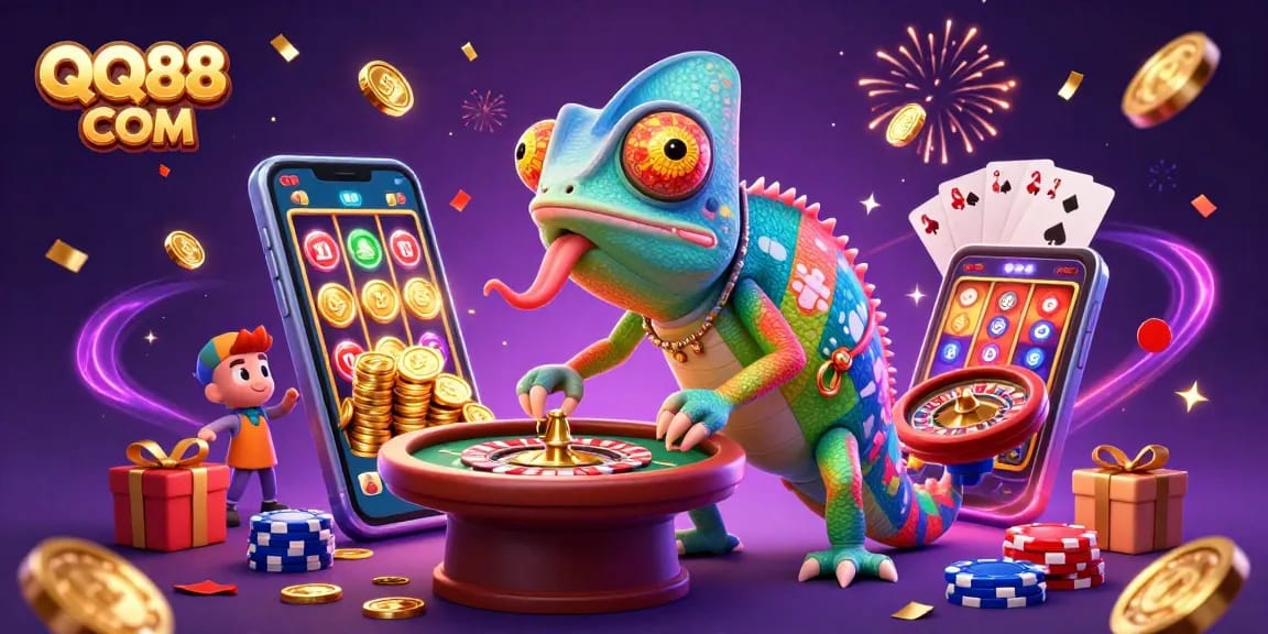 Engage in thrilling games at QQ88 COM with a vibrant chameleon casino owner amid dynamic gambling elements.