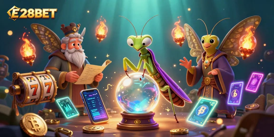 E28BET presents an exciting 3D scene of a fortune teller and librarian amidst vibrant casino elements.