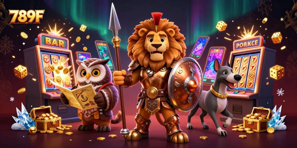 Experience the thrilling action of 789F with a Spartan lion, owl strategist, and a greyhound amidst a jackpot explosion of casino games.
