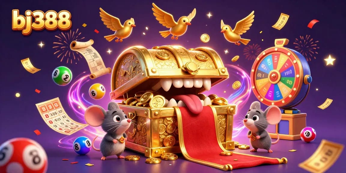 Experience exciting rewards with bj388's thrilling online gaming adventures in this immersive 3D illustration.