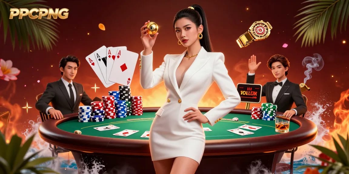 PPCPNG showcases a stunning Asian woman confidently presenting a golden roulette ball amid vibrant casino elements.