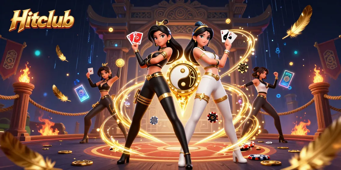 Engage with Hitclub's thrilling games as twin Asian women wield cards in a dynamic casino scene.