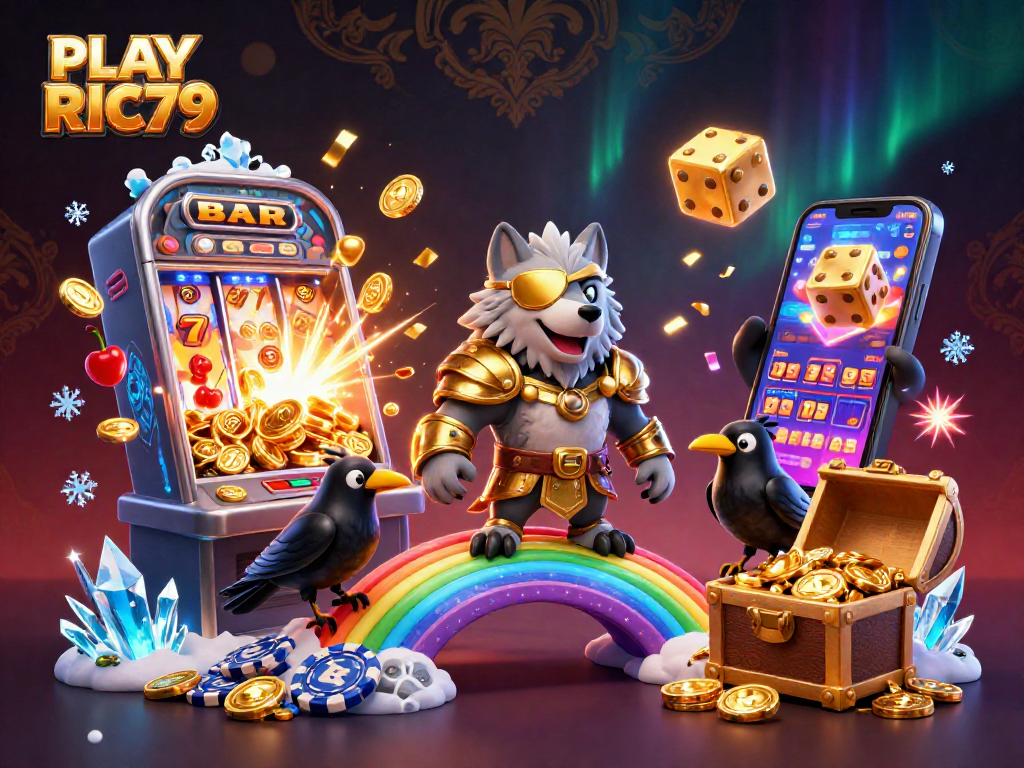 Engage with "PLAY RIC79" through a vibrant, dynamic casino scene featuring Norse mythology.