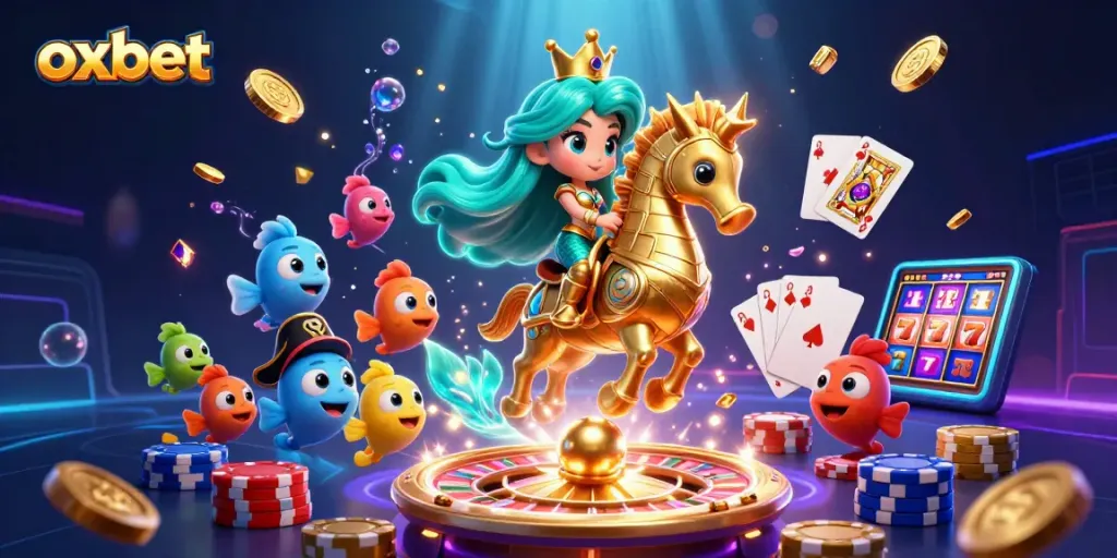 Experience the thrill of winning at oxbet with a vibrant 3D casino scene featuring cheerful characters.