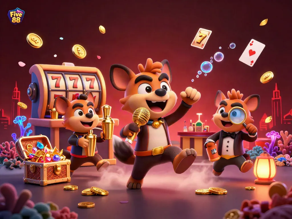 Engage in the exciting atmosphere of Five 88 with cartoon hyenas in a casino setting, showcasing vibrant games.