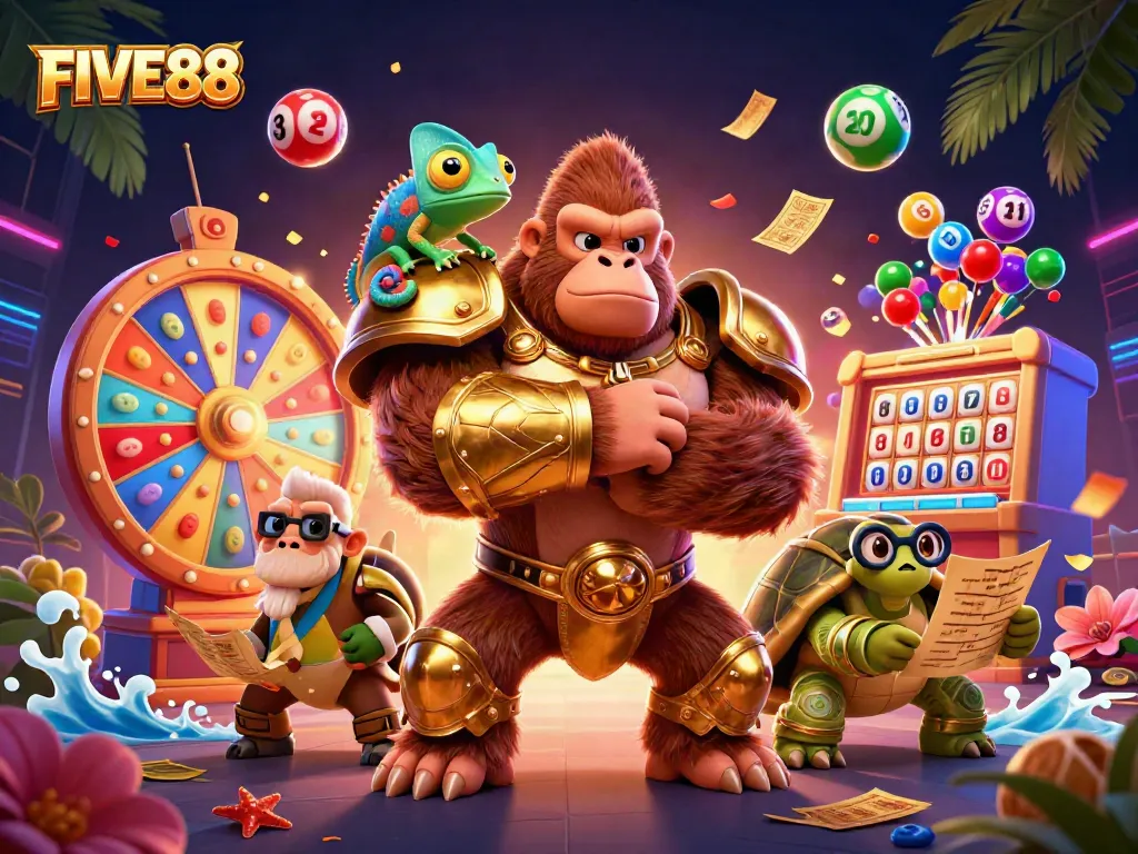 Engage in thrilling gaming excellence with FIVE88, featuring vibrant lottery balls and an energetic casino scene.