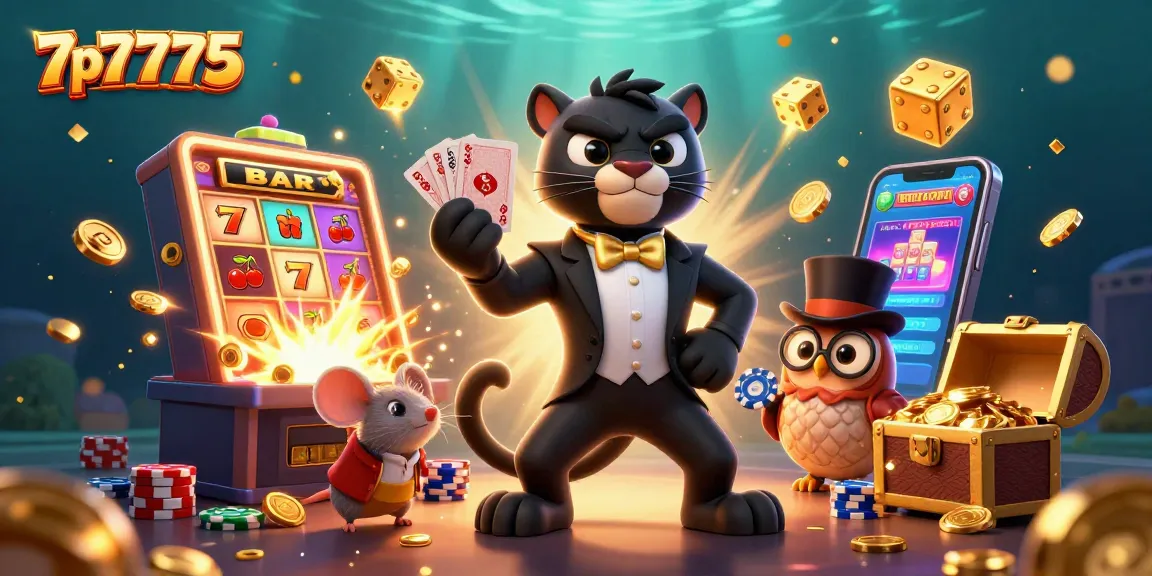 Engaging scene featuring the 7p7775 themed characters in a vibrant casino, showcasing excitement and luck.