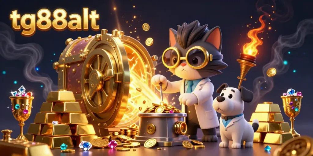 Spin the reels with tg88alt, featuring a dynamic casino scene filled with golden treasures and exciting game elements.