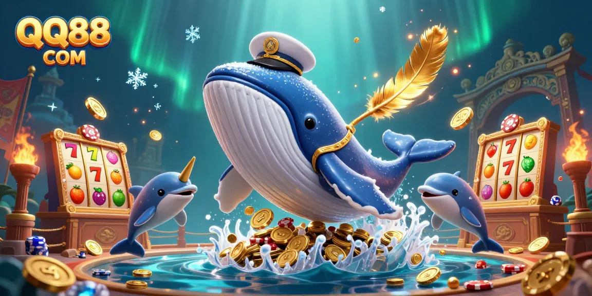 Join the excitement with QQ88 COM as a giant whale and friends celebrate winning at slots with vibrant coins and festive elements.