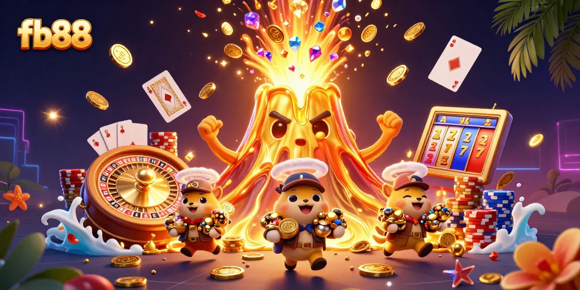 Win big at fb88 with captivating gold erupting from a volcano amidst treasures.