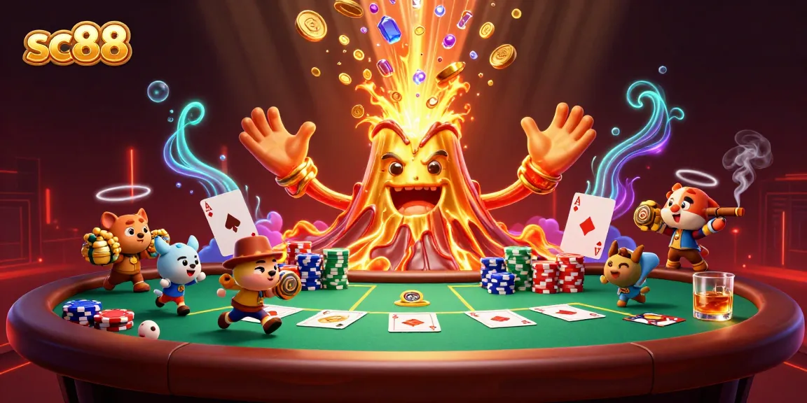 Experience thrilling moments with sc88 as treasure pours from the volcano in a vibrant casino scene.