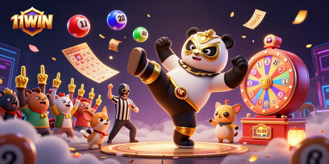 Engage with excitement in 11WIN's dynamic lottery scene featuring vibrant characters and game elements.