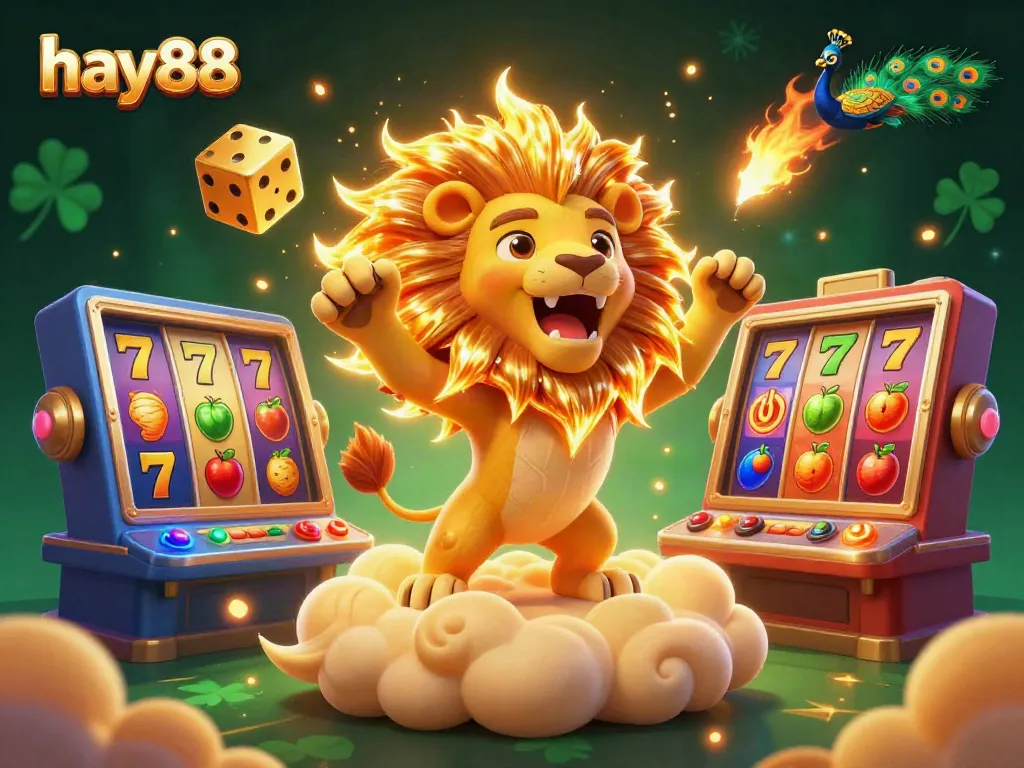 Engage with the vibrant casino spirit of hay88 as the roaring lion and golden dice celebrate thrilling wins.
