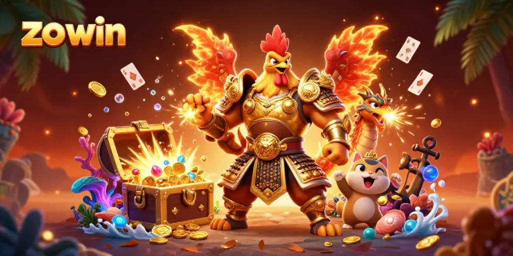 Experience the thrill of 'zo win' with a vibrant 3D casino scene featuring a heroic rooster, dragon, and treasure.