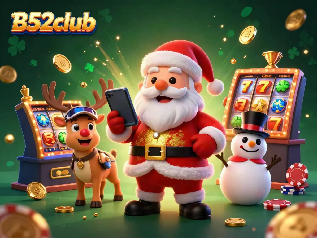 Celebrate big wins at B52club with Santa and friends in a festive casino setting.