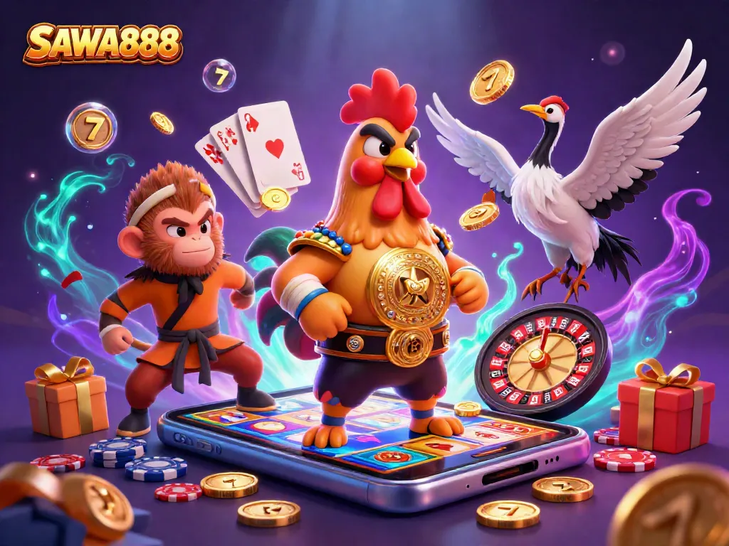 Experience thrilling gameplay with SAWA888’s dynamic casino scene featuring vibrant characters and games.
