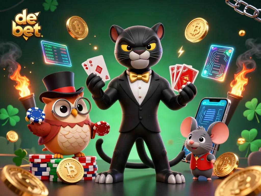 Engage in thrilling gaming action at de bet with stylish casino characters and vibrant crypto elements.