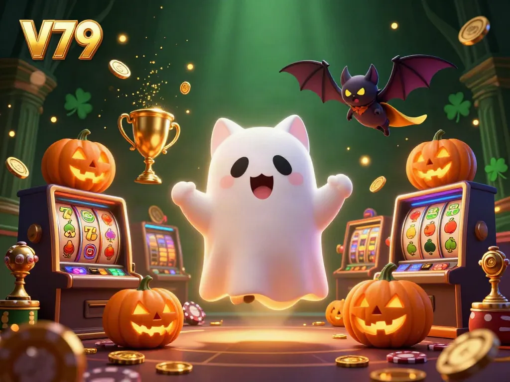 Engage in the vibrant V79 casino vibes with ghostly adventures, glowing slot machines, and festive jack-o-lanterns.