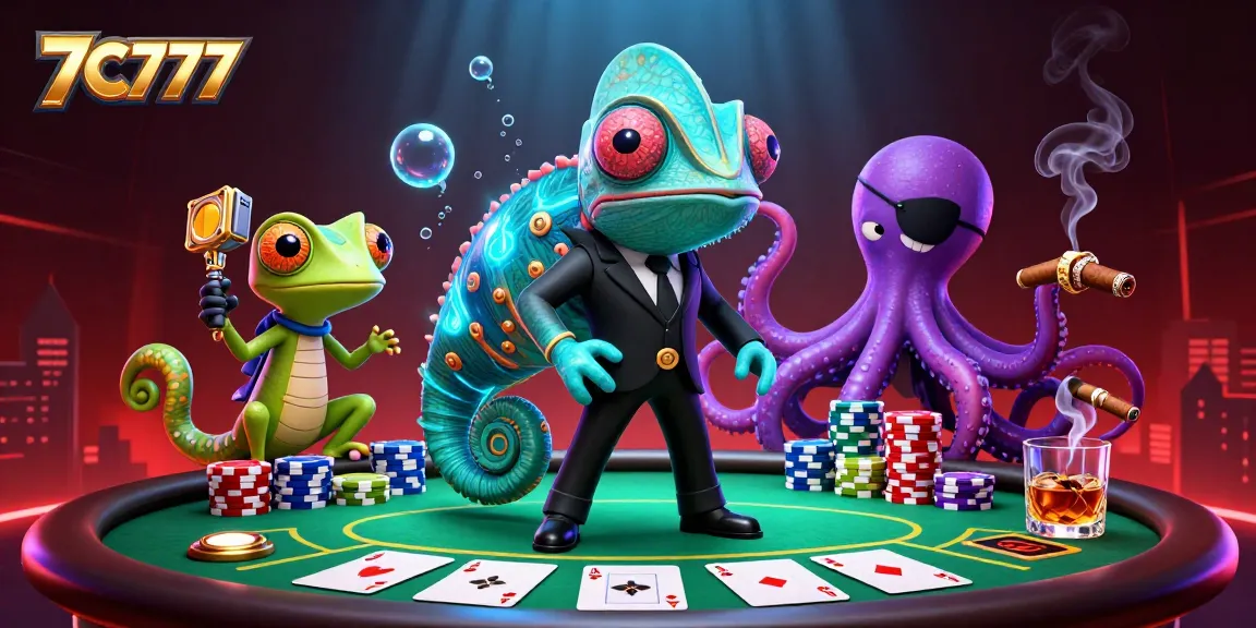 Action-packed 3D illustration of 7C777 with vibrant casino elements and stylish characters.