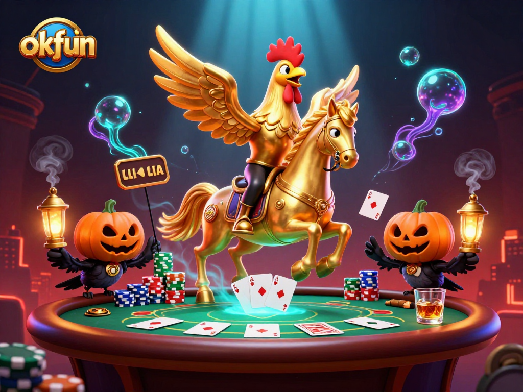 Experience okfun's thrilling midnight casino with a golden rooster and spectral horse in action.